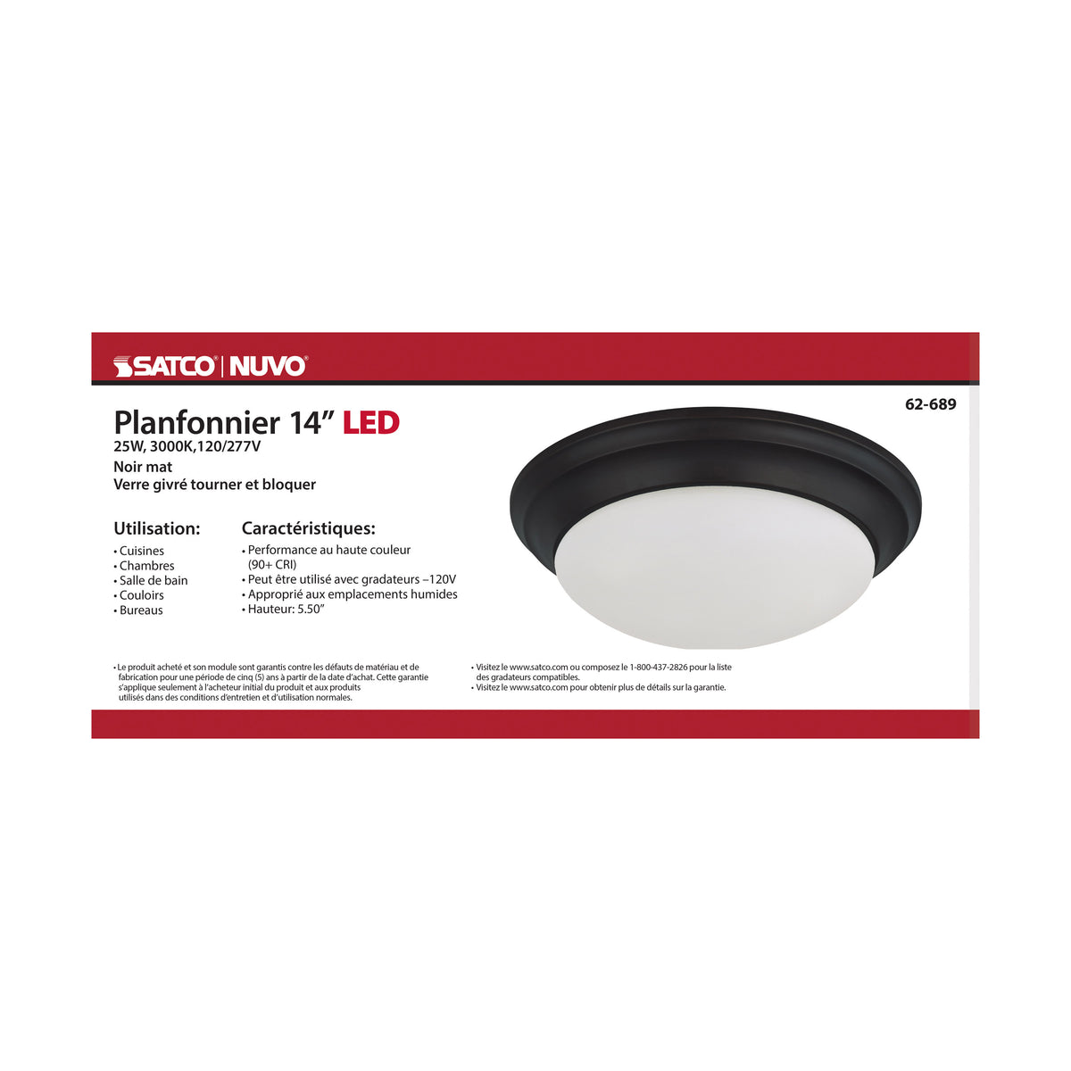 25W - Flush Mount Twist & Lock Fixture - LED - 14 in. - Matte Black Finish - Frosted Glass