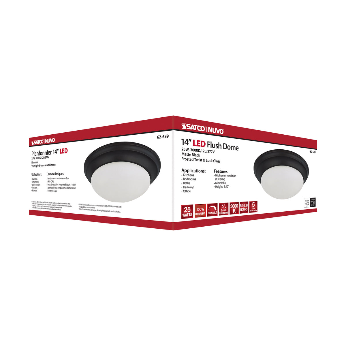 25W - Flush Mount Twist & Lock Fixture - LED - 14 in. - Matte Black Finish - Frosted Glass