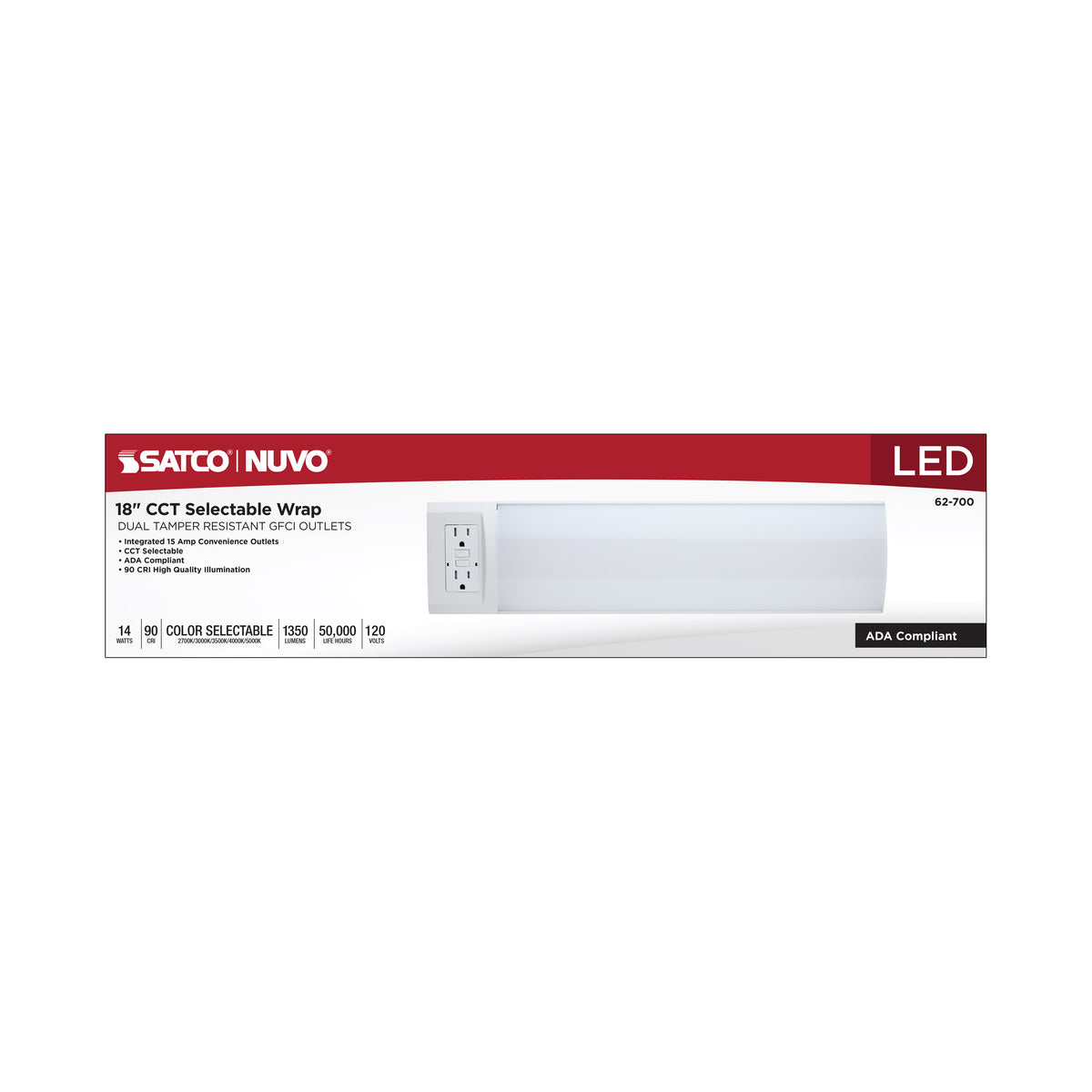 14 Watt 18 Inch LED Ceiling Wrap - Dual GFCI - 27K/30K/35K/40K/50K CCT Selectable - White Finish