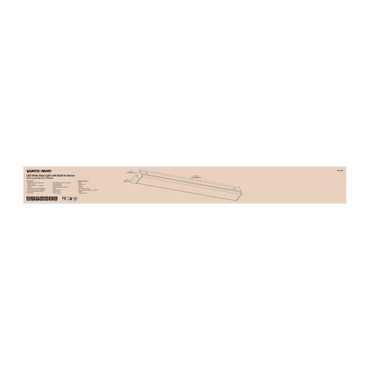 LED 4 ft. - Wide Strip Light - 40W - 5000K - White Finish - with Knockout and Sensor