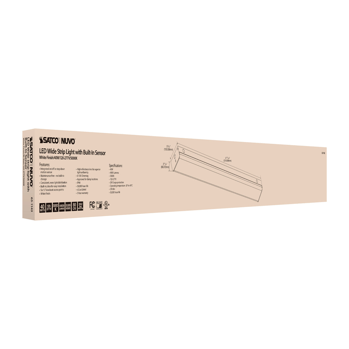 LED 4 ft. - Wide Strip Light - 40W - 5000K - White Finish - with Knockout and Sensor