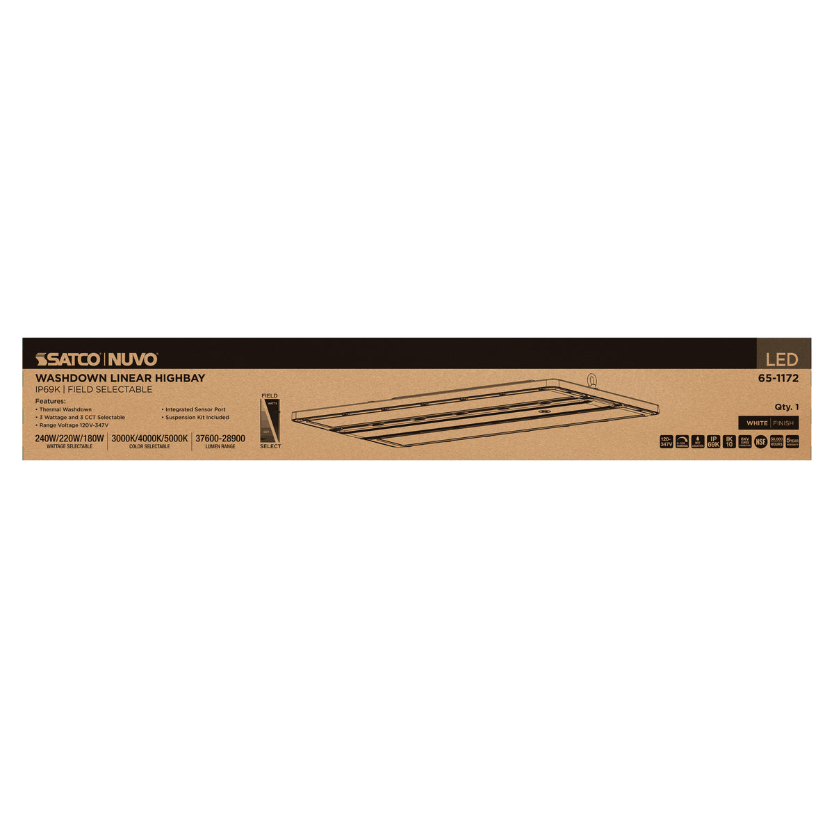 240/220/180 Watt LED Linear High Bay - 3K/4K/5K CCT - IP69K - 120-347 Volt - White Finish