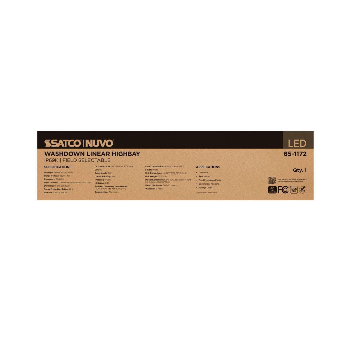 240/220/180 Watt LED Linear High Bay - 3K/4K/5K CCT - IP69K - 120-347 Volt - White Finish