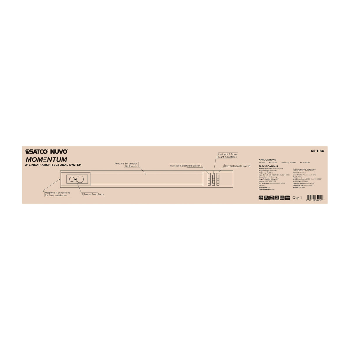 Momentum - 2 Foot LED Connectable Linear Strip - Up and Down Selectable - White Finish