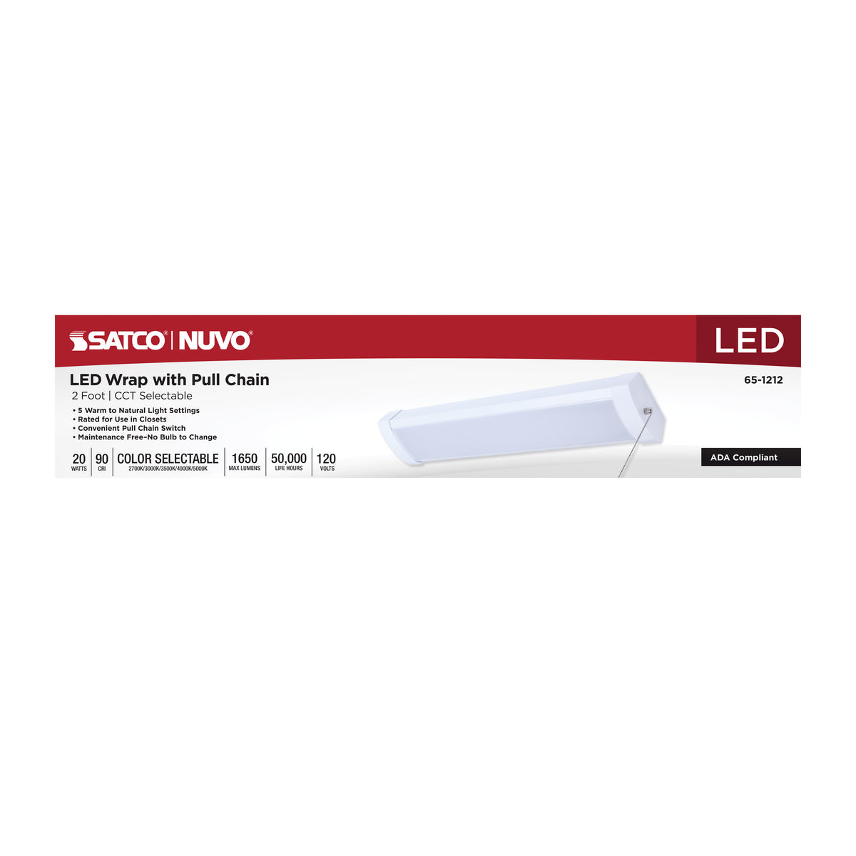 LED 2 Foot Wrap with Pull Chain - 20 Watts - 27K/30K/35K/40K/50K CCT Selectable - White Finish - 120 Volt