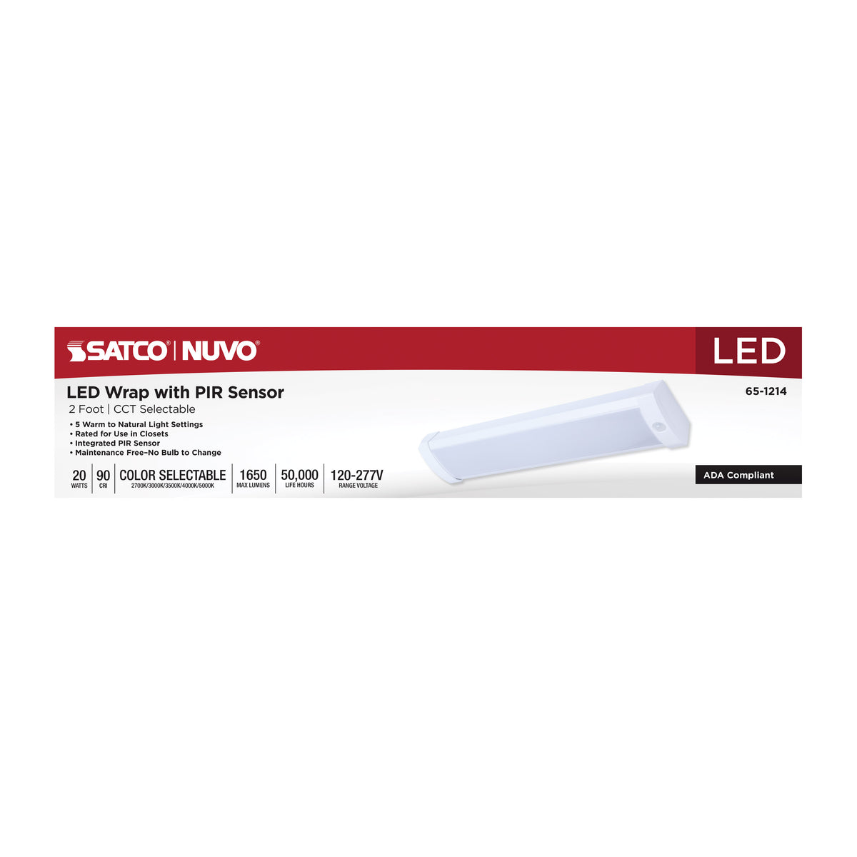 LED 2 Foot Wrap with PIR Motion Sensor - 20 Watts - 27K/30K/35K/40K/50K CCT Selectable - White Finish - 120-277 Volt
