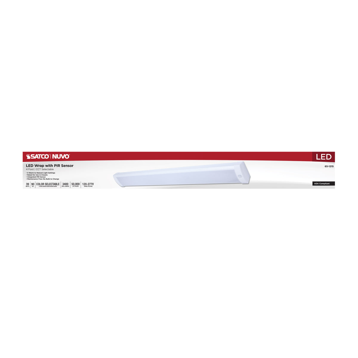 LED 4 Foot Wrap with PIR Motion Sensor - 39 Watts - 27K/30K/35K/40K/50K CCT Selectable - White Finish - 120-277 Volt
