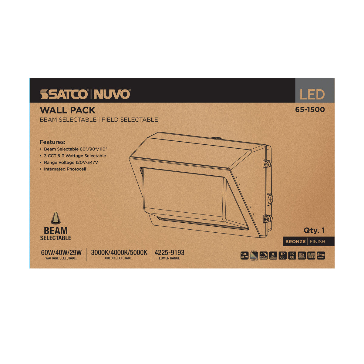 60/40/29 Wattage Selectable LED Wall Pack -3K/4K/5K CCT Selectable - 60/90/110 Beam Angle Selectable - 120-347 Volt - Bronze Finish