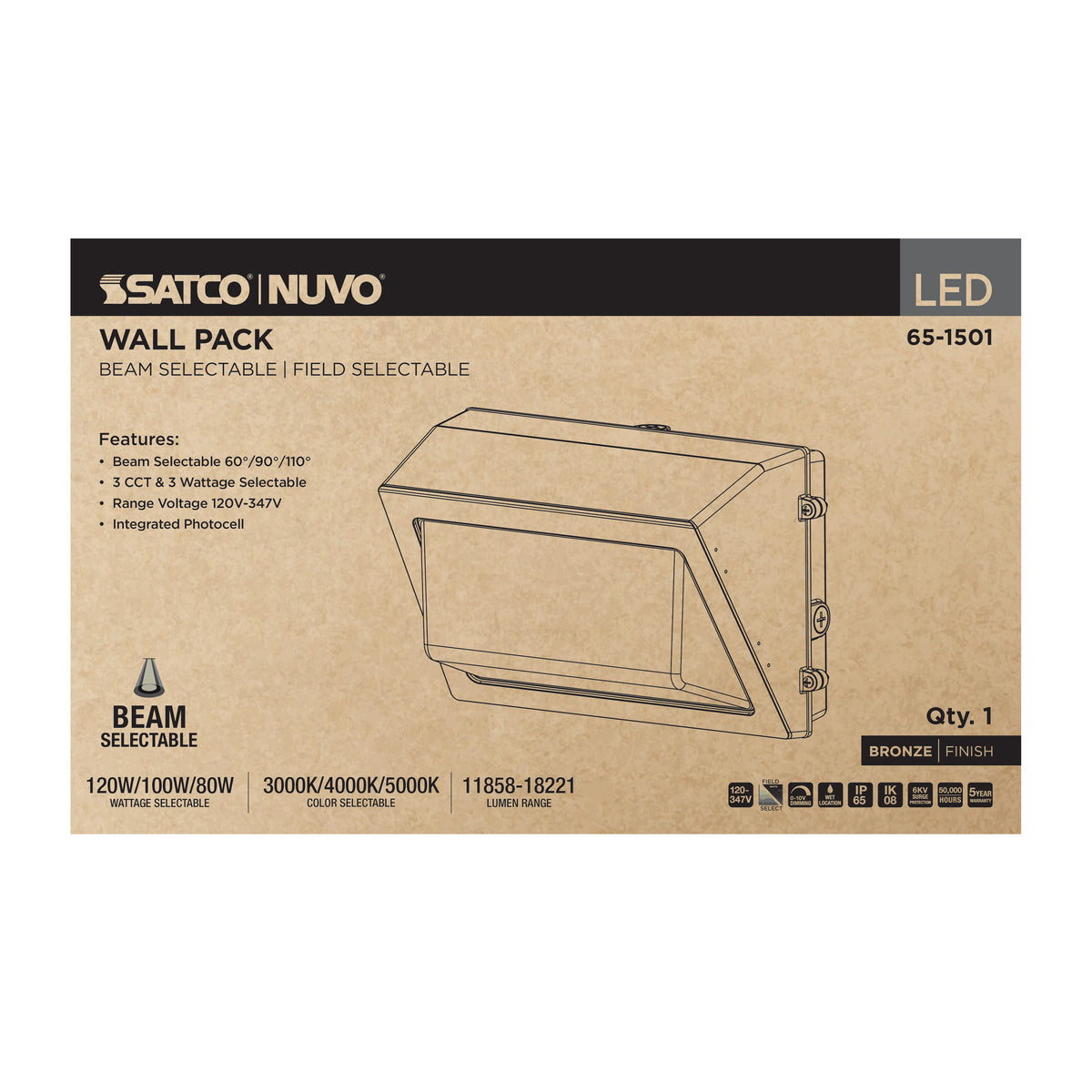 120/100/80 Wattage Selectable LED Wall Pack - 3K/4K/5K CCT Selectable - 60/90/110 Beam Angle Selectable - 120-347 Volt - Bronze Finish