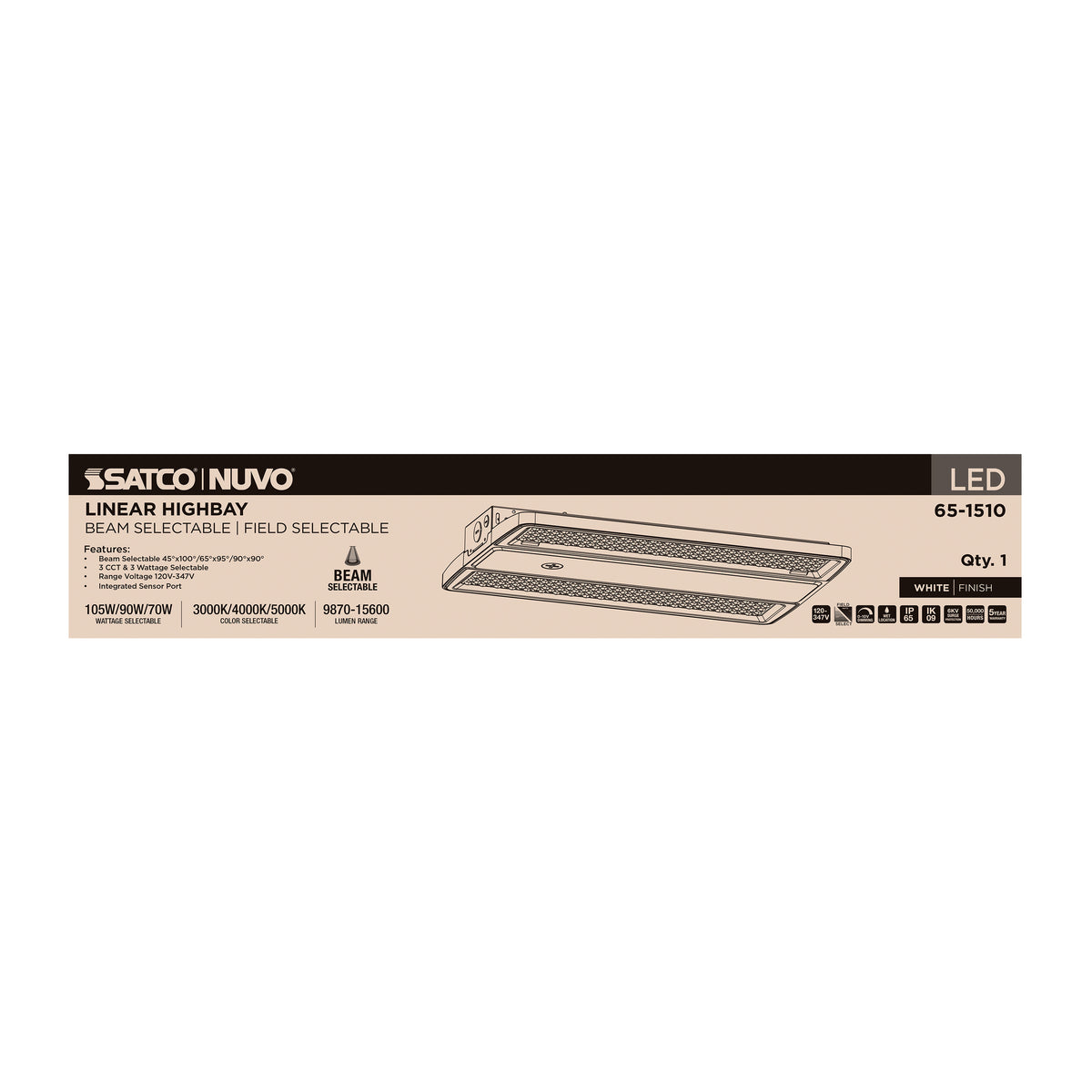 LED Linear High Bay - 105/90/70 Wattage Selectable - 3K/4K/5K CCT Selectable - Beam Angle Selectable - White Finish - 120-347 Volt