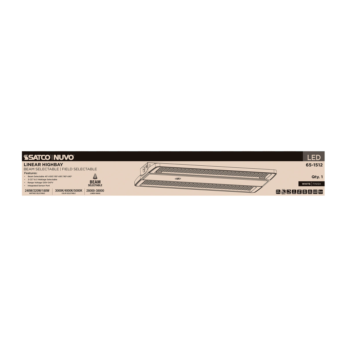 LED Linear High Bay - 240/220/180 Wattage Selectable - 3K/4K/5K CCT Selectable - Beam Angle Selectable - White Finish - 120-347 Volt