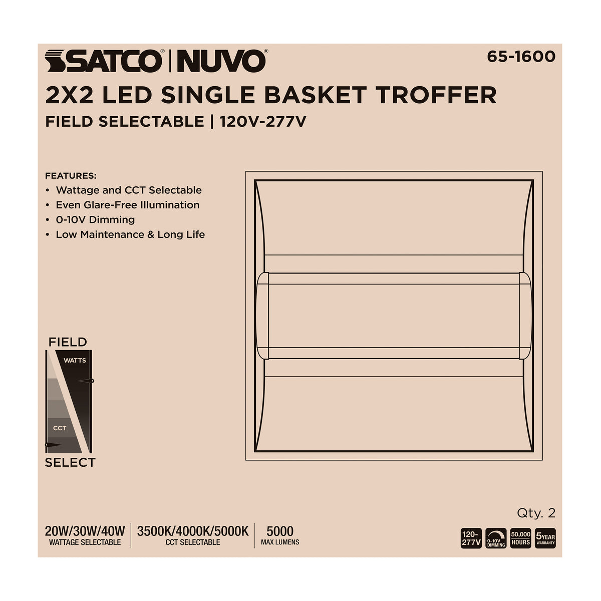 20/30/40 Watt - 35K/4K/5K CCT Selectable - 2X2 LED Single Basket Troffer - 120-277 Volt - White Finish