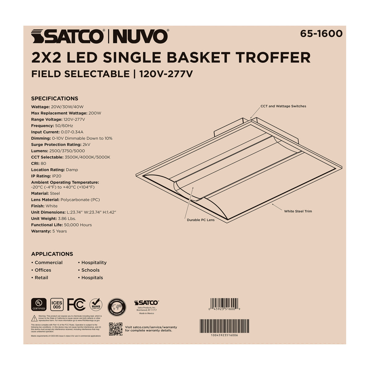 20/30/40 Watt - 35K/4K/5K CCT Selectable - 2X2 LED Single Basket Troffer - 120-277 Volt - White Finish