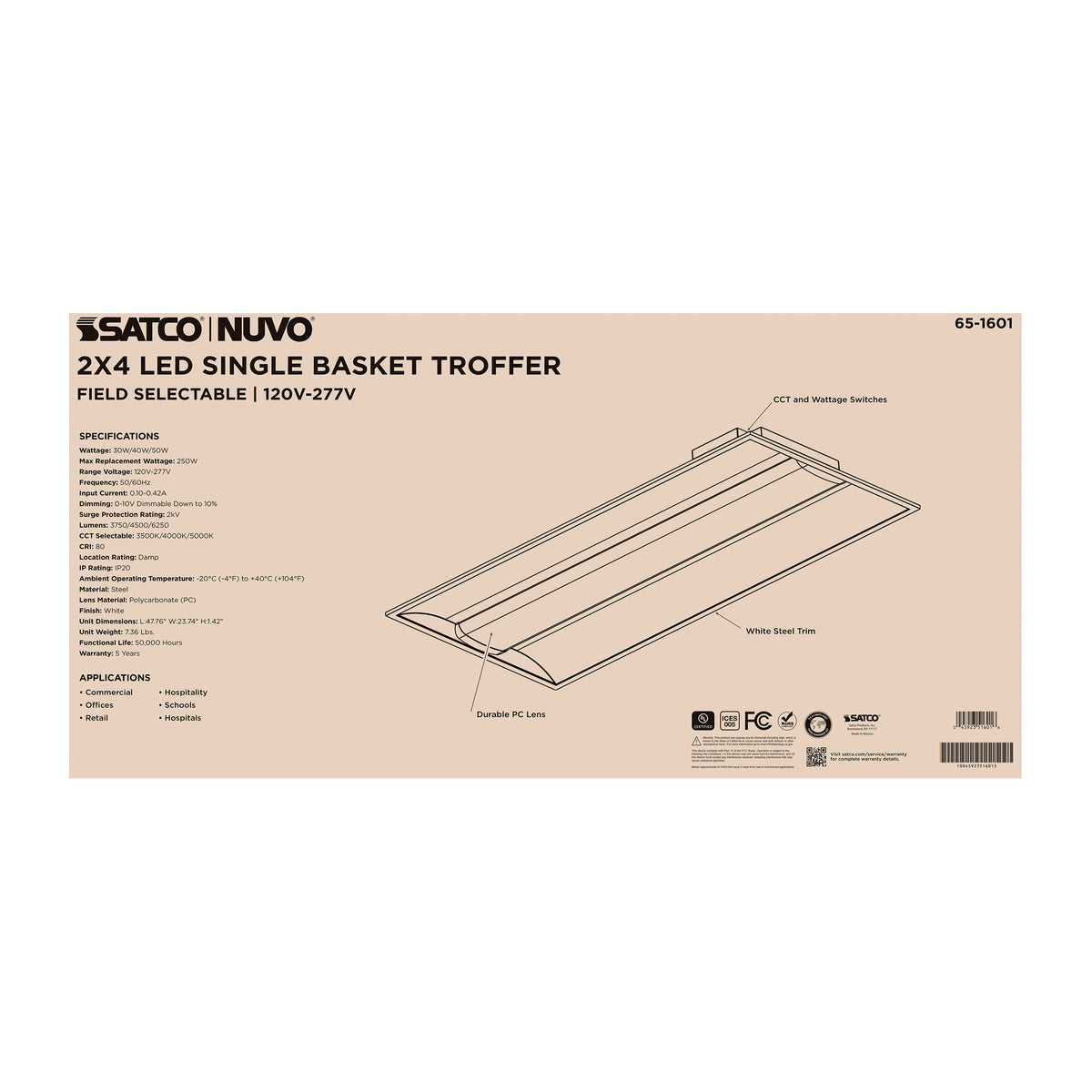 30/40/50 Watt - 35K/4K/5K CCT Selectable - 2X4 LED Single Basket Troffer - 120-277 Volt - White Finish