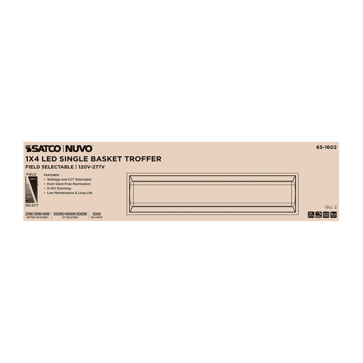 20/30/40 Watt - 35K/4K/5K CCT Selectable - 1X4 LED Single Basket Troffer - 120-277 Volt - White Finish