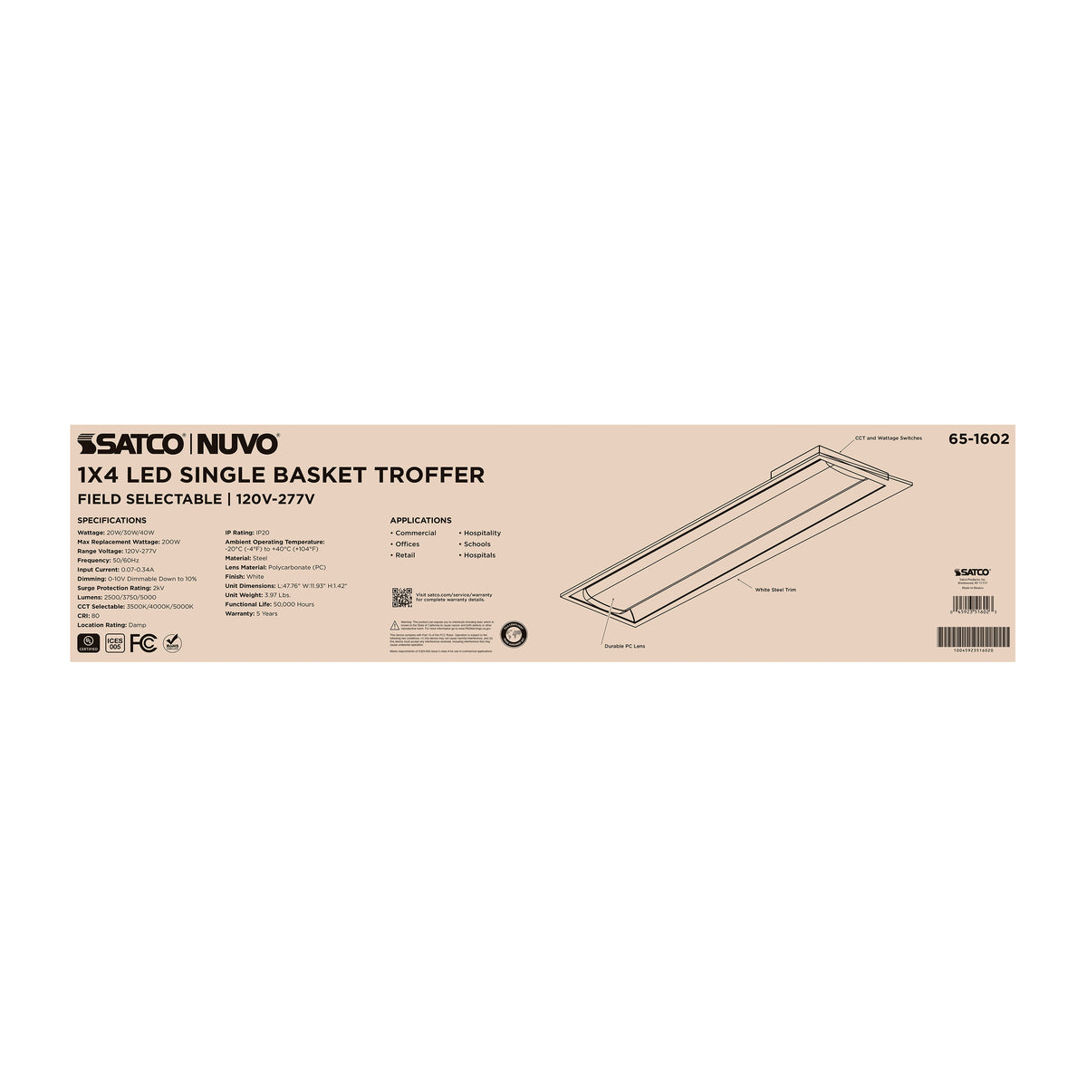 20/30/40 Watt - 35K/4K/5K CCT Selectable - 1X4 LED Single Basket Troffer - 120-277 Volt - White Finish