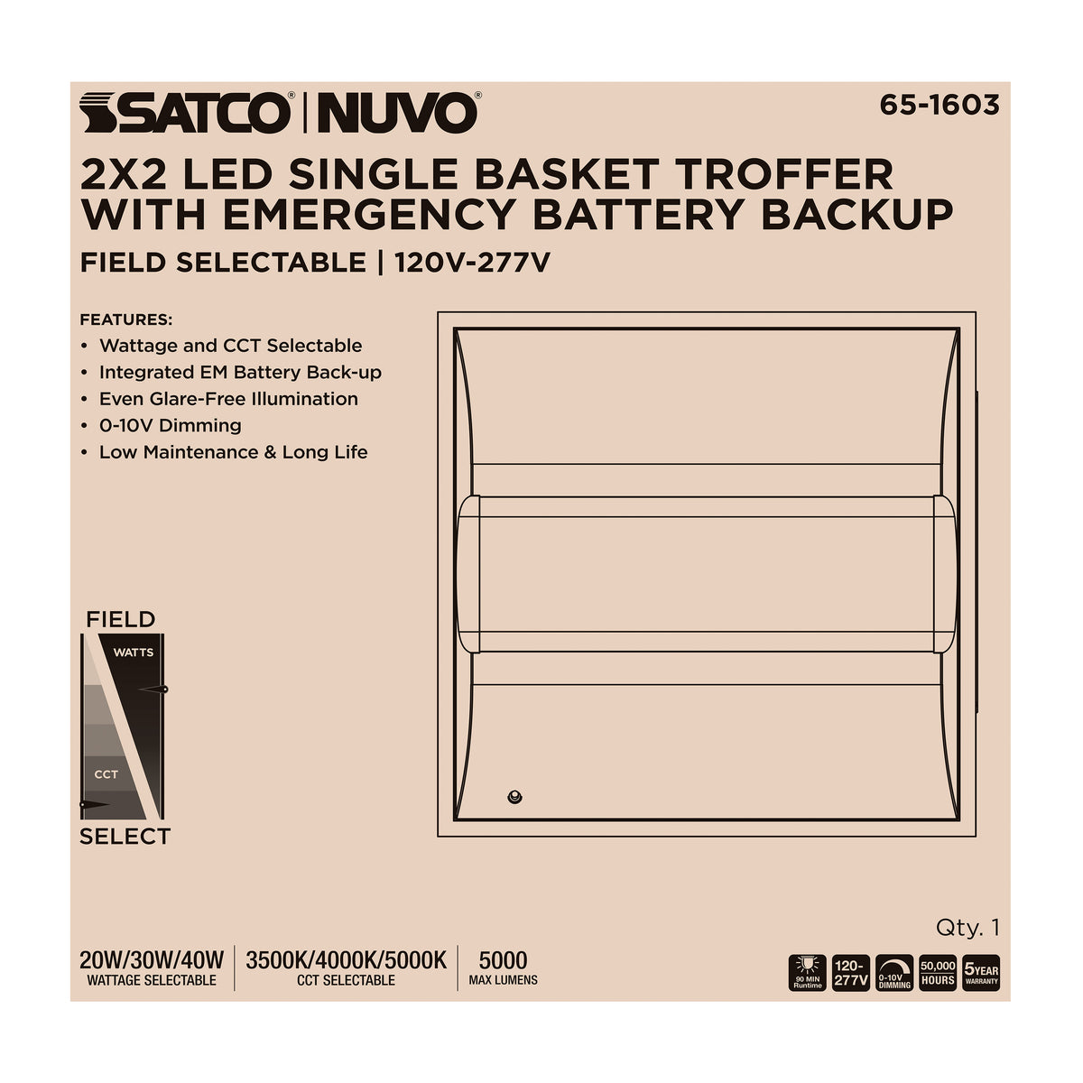 2X2 LED Single Basket Troffer - Emergency Battery - Field Selectable - 120-277 Volt - White Finish