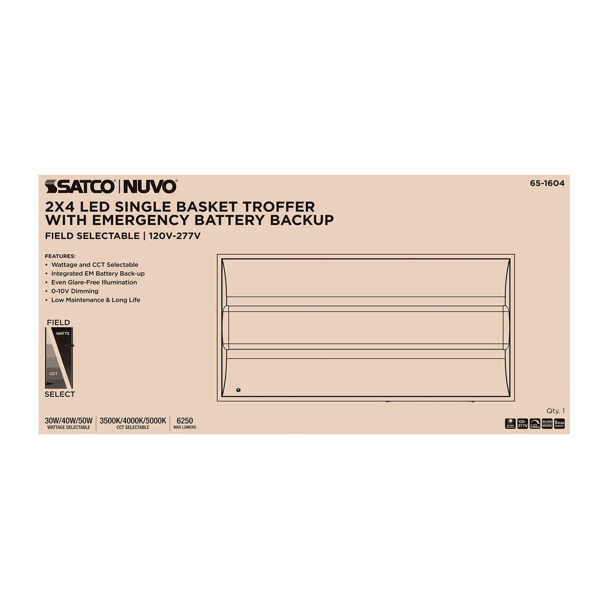 2X4 LED Single Basket Troffer - Emergency Battery - Field Selectable - 120-277 Volt - White Finish