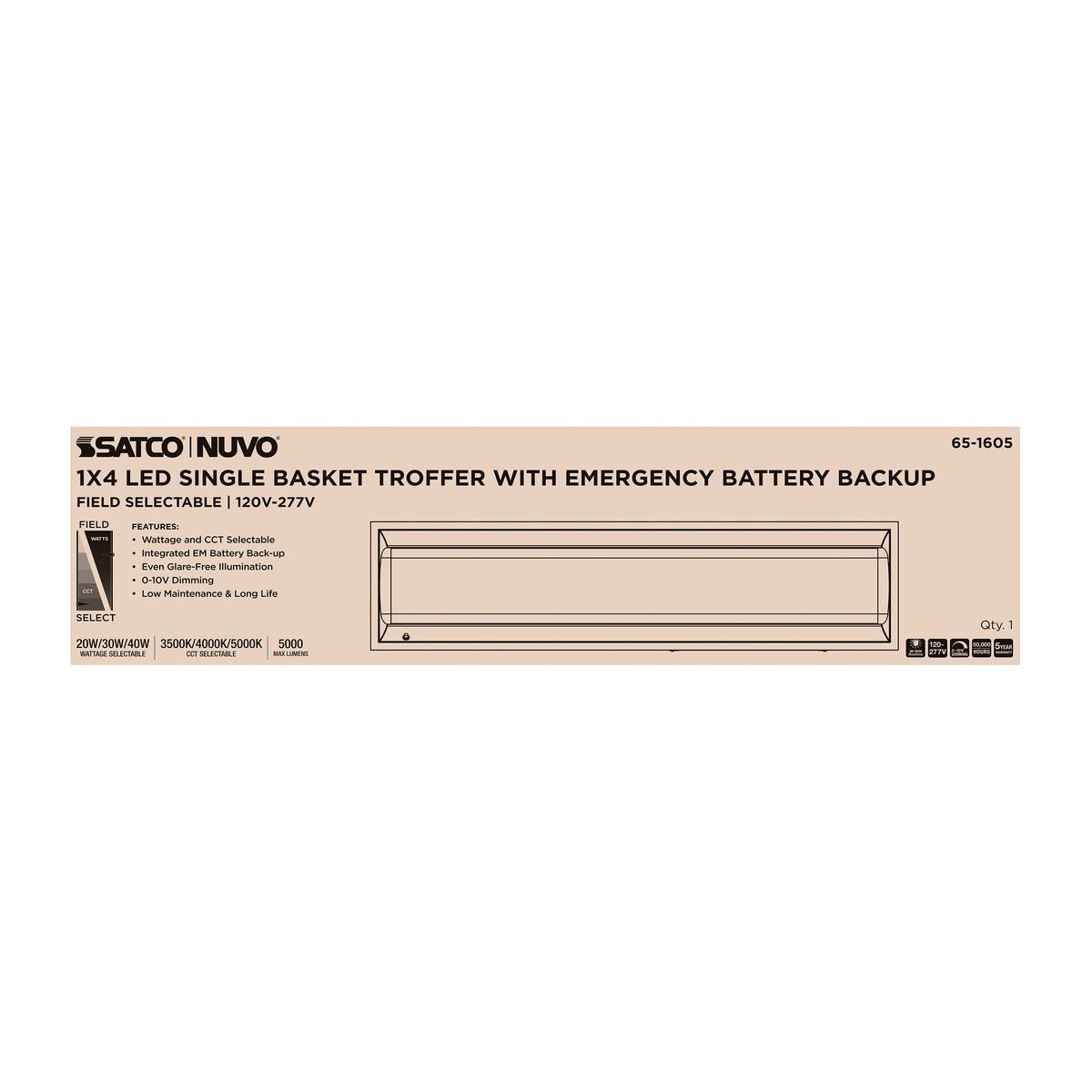 1X4 LED Single Basket Troffer - Emergency Battery - Field Selectable - 120-277 Volt - White Finish