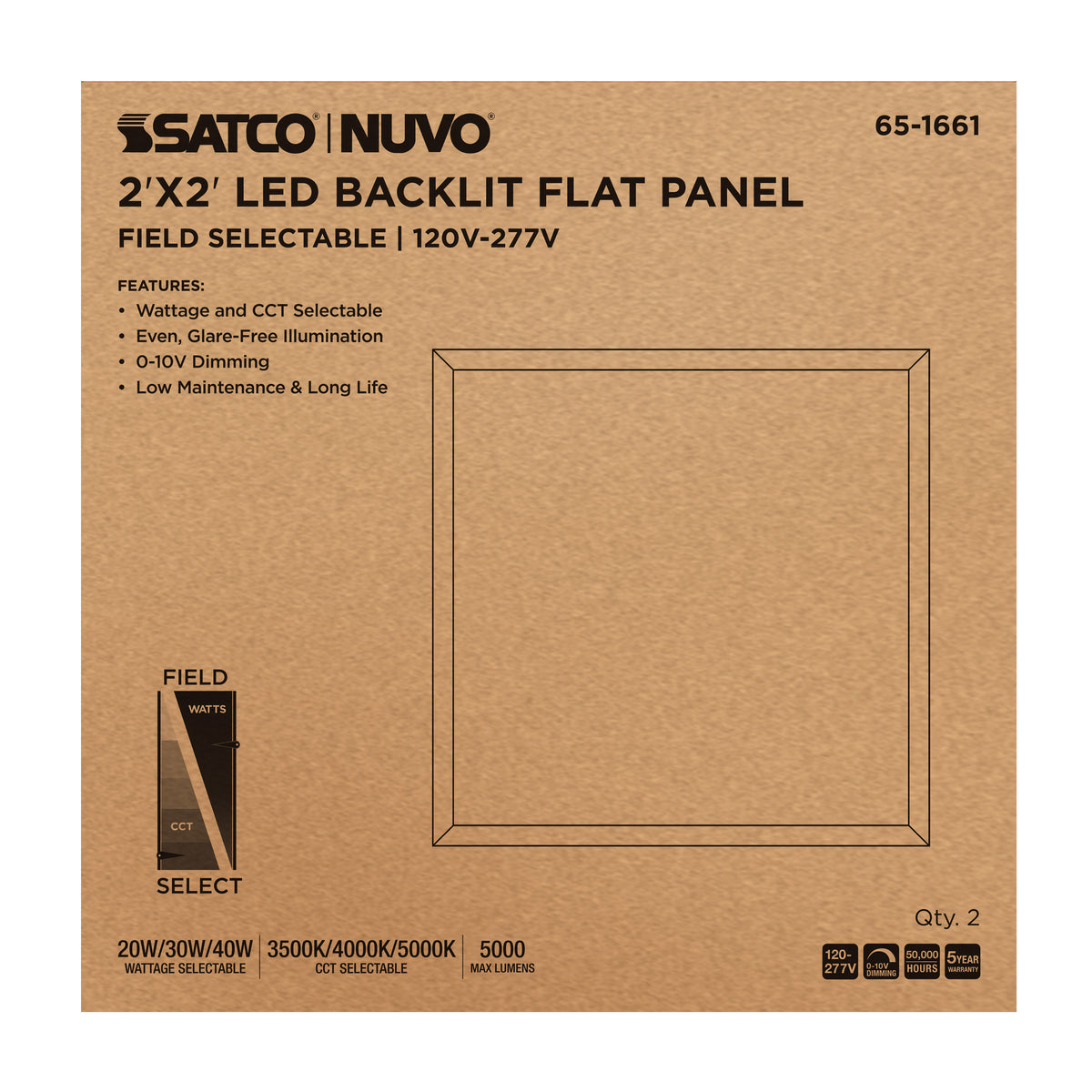 20/30/40 Wattage Selectable LED 2ft x 2ft Backlit Panel - 35K/4K/5K CCT Selectable - 120-277 Range Voltage - White Finish