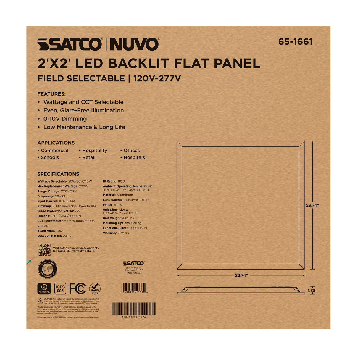 20/30/40 Wattage Selectable LED 2ft x 2ft Backlit Panel - 35K/4K/5K CCT Selectable - 120-277 Range Voltage - White Finish
