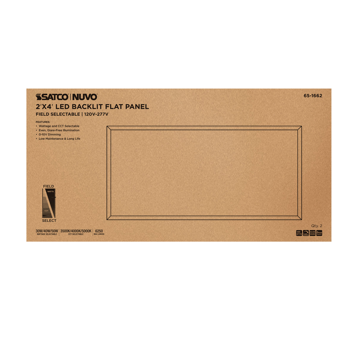 30/40/50 Wattage Selectable LED 2ft x 4ft Backlit Panel - 35K/4K/5K CCT Selectable - 120-277 Range Voltage - White Finish