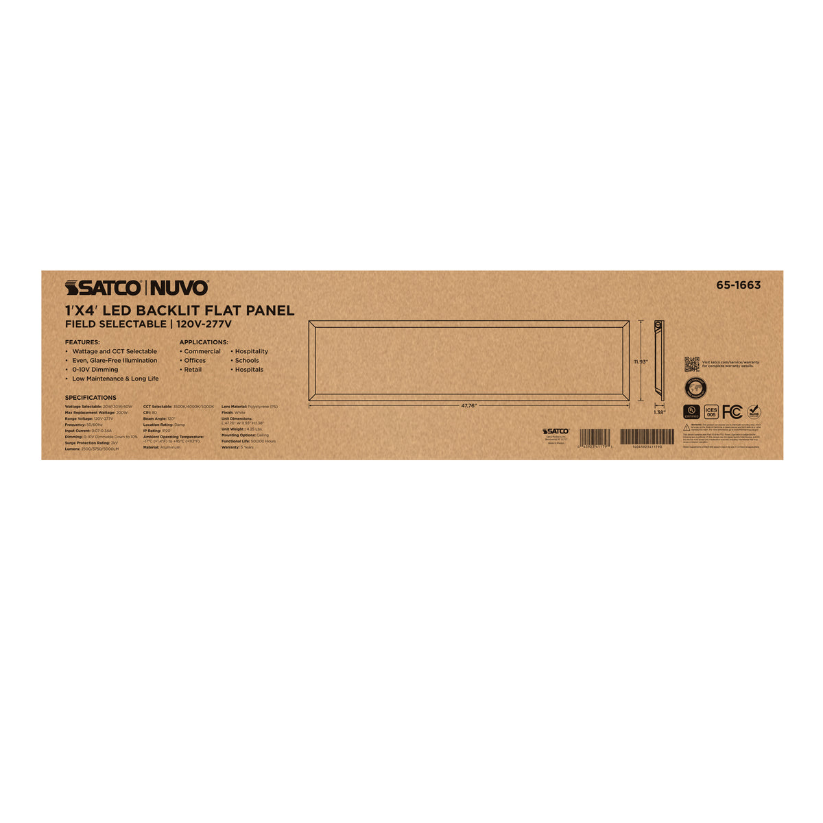 20/30/40 Wattage Selectable LED 1ft x 4ft Backlit Panel - 35K/4K/5K CCT Selectable - 120-277 Range Voltage - White Finish