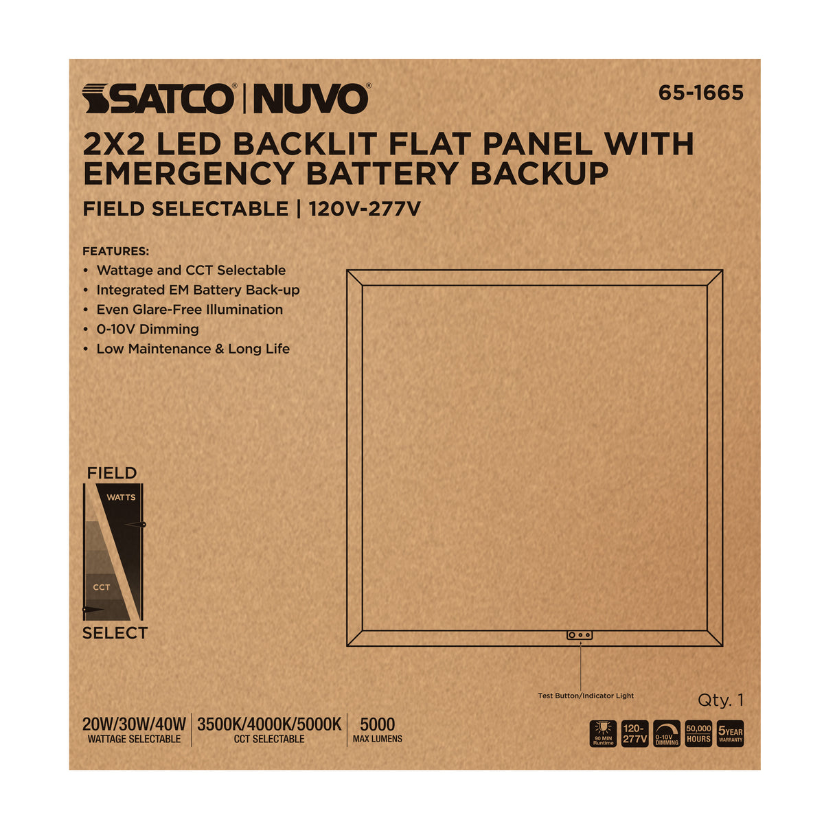 20/30/40 Wattage Selectable LED 2ft x 2ft Backlit Panel - 35K/4K/5K CCT Selectable - Emergency Battery - 120-277 Range Voltage - White Finish