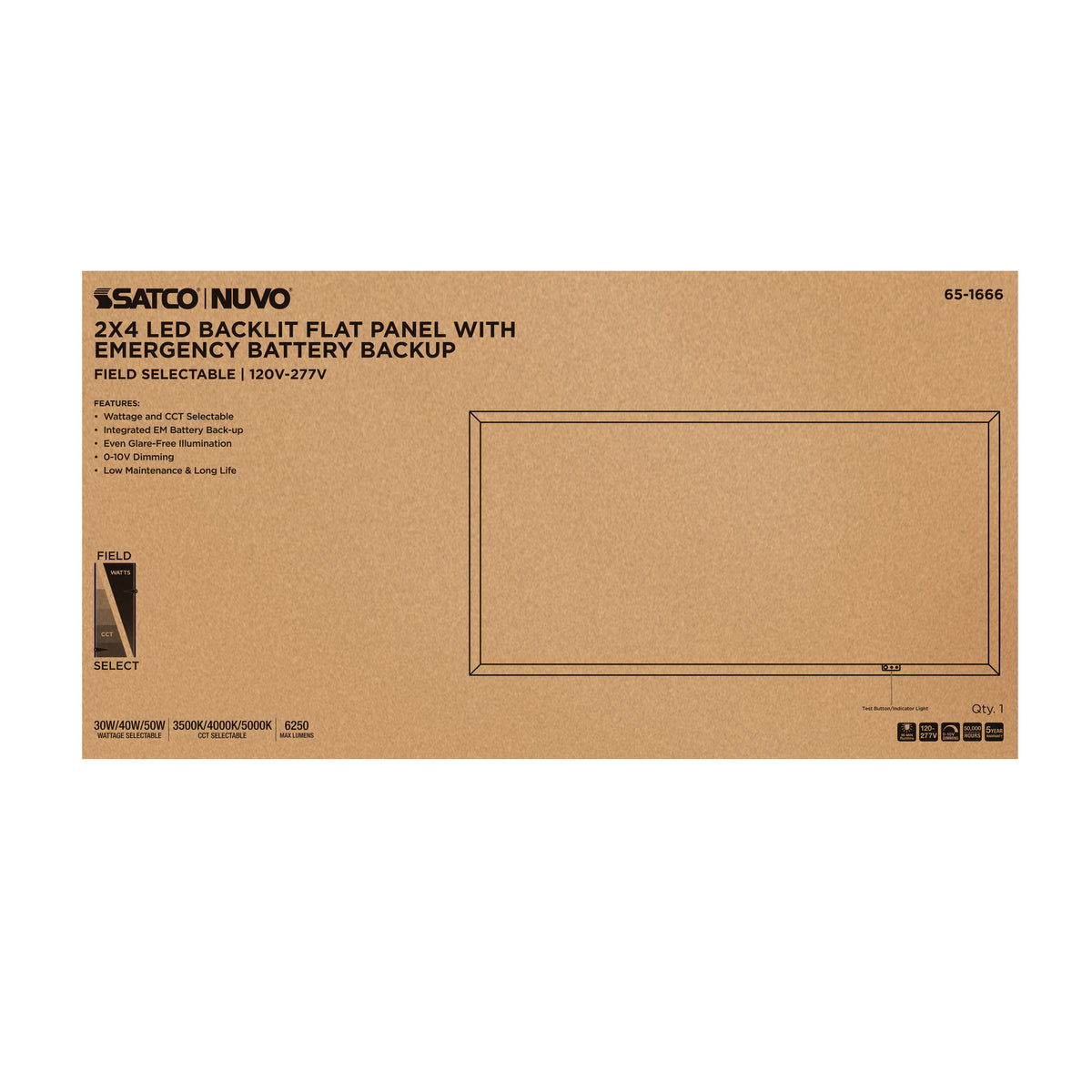 30/40/50 Wattage Selectable LED 2ft x 4ft Backlit Panel - 35K/4K/5K CCT Selectable - Emergency Battery - 120-277 Range Voltage - White Finish