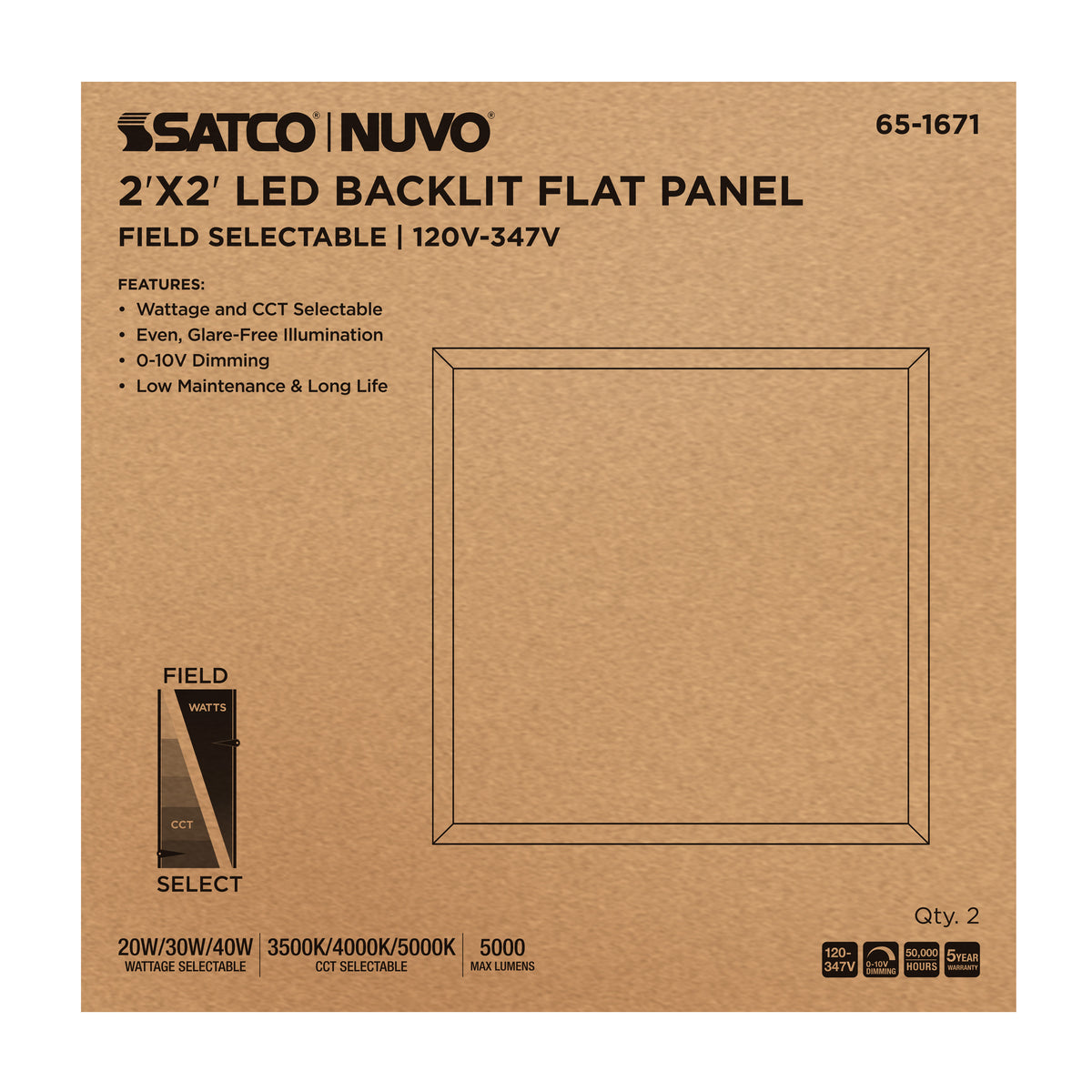 20/30/40 Wattage Selectable LED 2ft x 2ft Backlit Panel - 35K/4K/5K CCT Selectable - 120-347 Range Voltage - White Finish