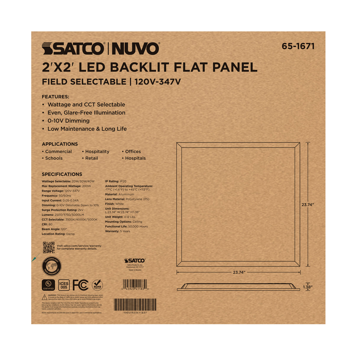 20/30/40 Wattage Selectable LED 2ft x 2ft Backlit Panel - 35K/4K/5K CCT Selectable - 120-347 Range Voltage - White Finish