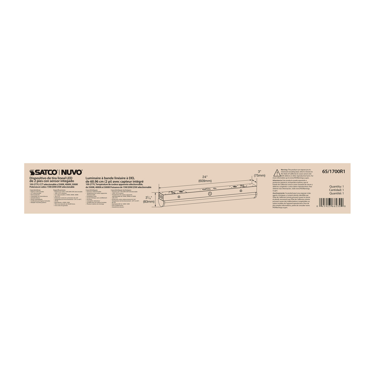 2 Foot LED Linear Strip Light - Field Selectable - With Sensor - White Finish