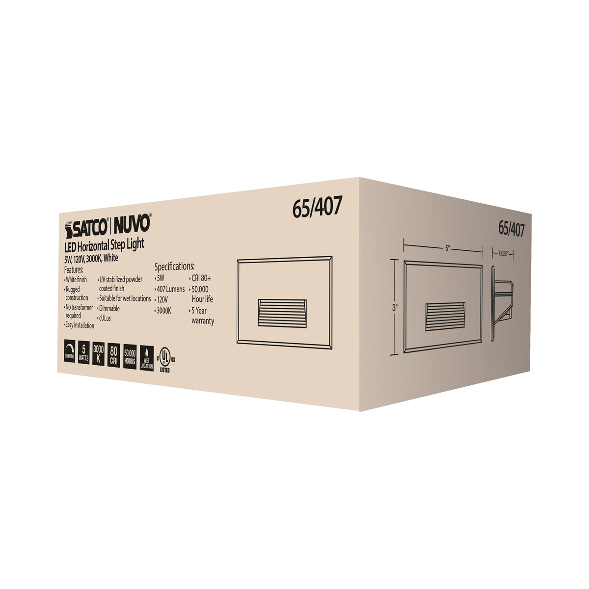 LED Horizontal Step Light - 5W - White Finish - 120V