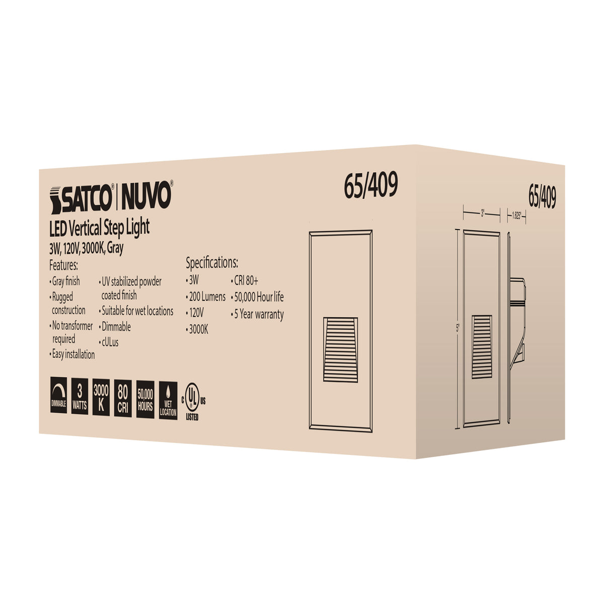 LED Vertical Step Light - 3W - Gray Finish - 120V