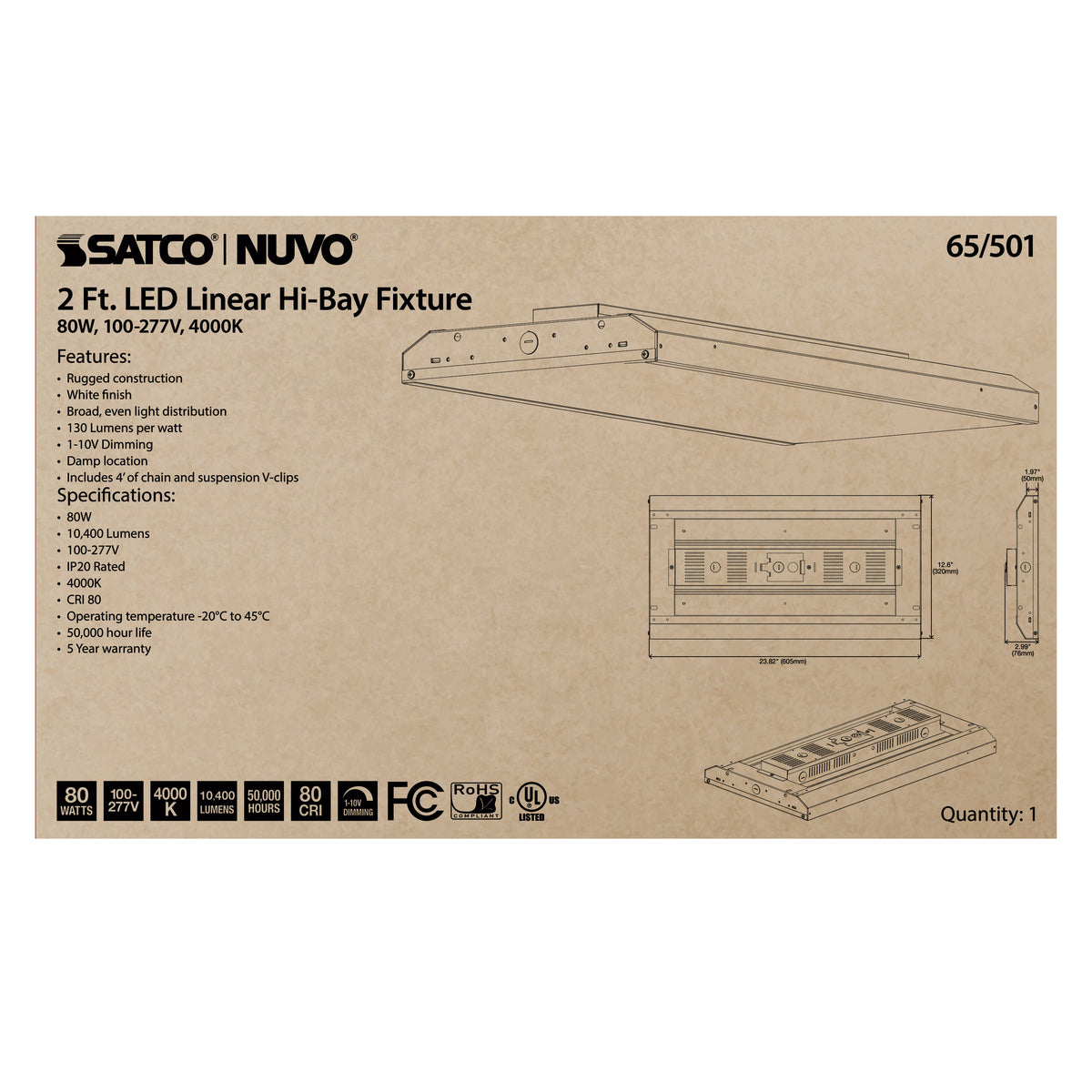 LED 2 ft. Linear Hi-Bay - 80W - 4000K - 100-277V - White Finish