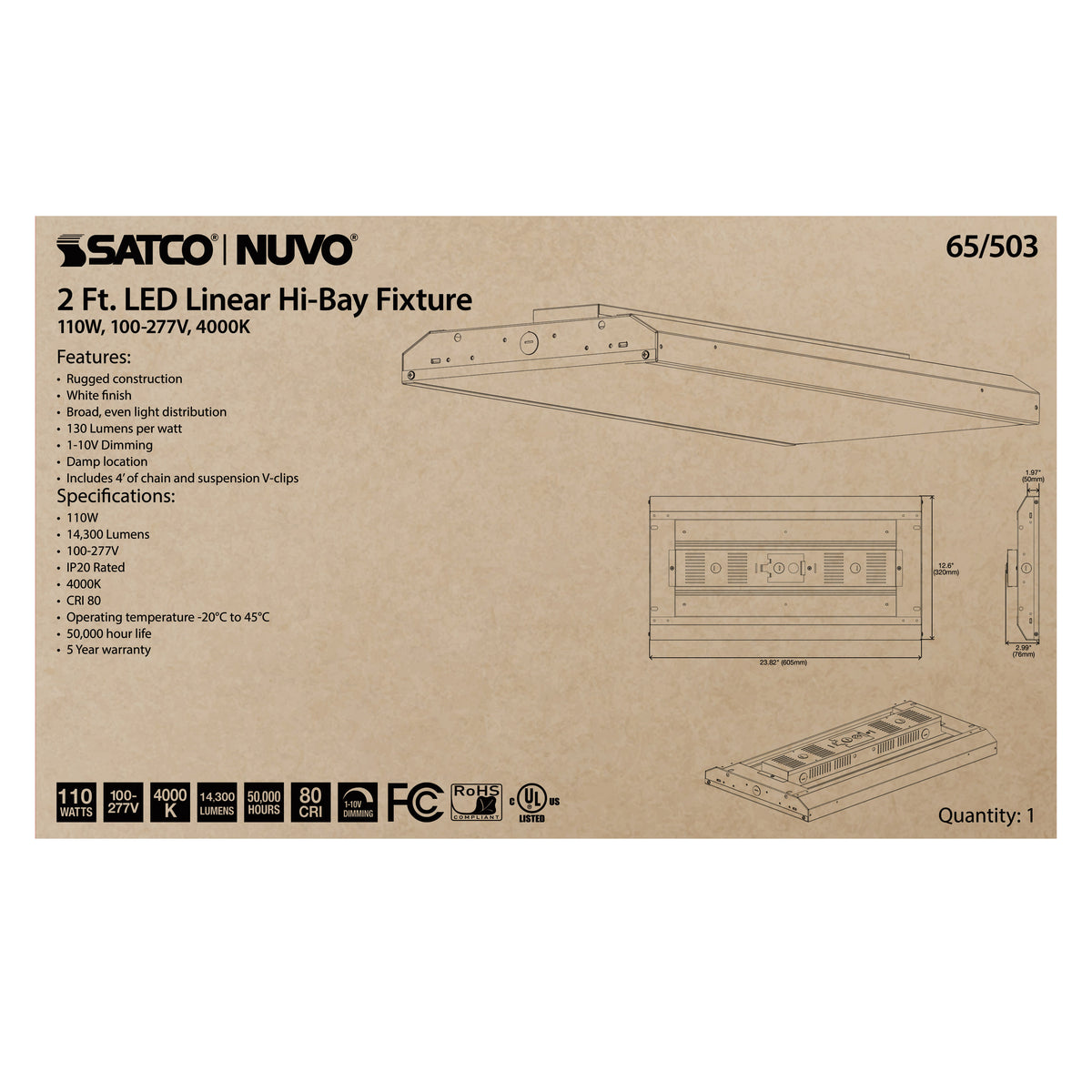 LED 2 ft. Linear Hi-Bay - 110W - 4000K - 100-277V - White Finish