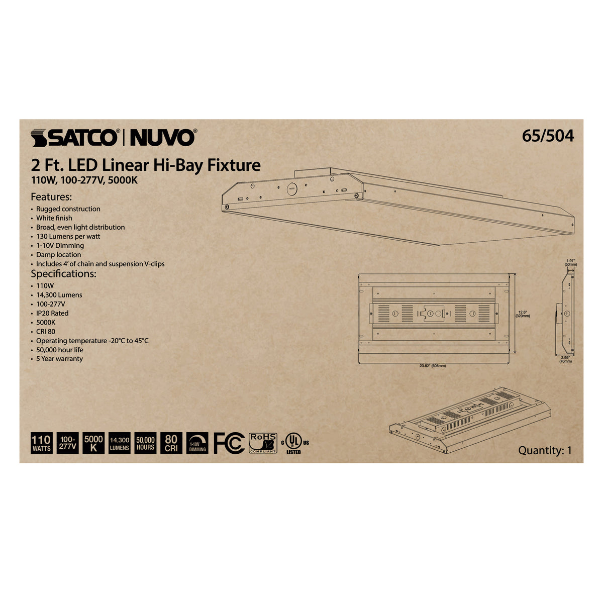 LED 2 ft. Linear Hi-Bay - 110W - 5000K - 100-277V - White Finish
