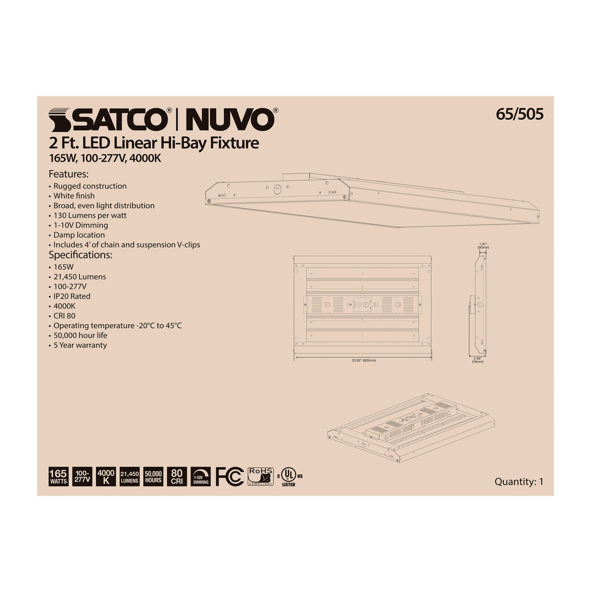 LED 2 ft. Linear Hi-Bay - 165W - 4000K - 100-277V - White Finish