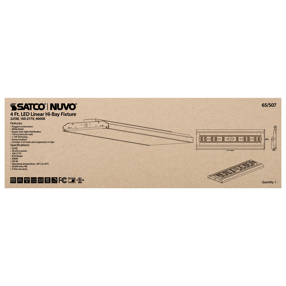 LED 4 ft. Linear Hi-Bay - 225W - 4000K - 100-277V - White Finish
