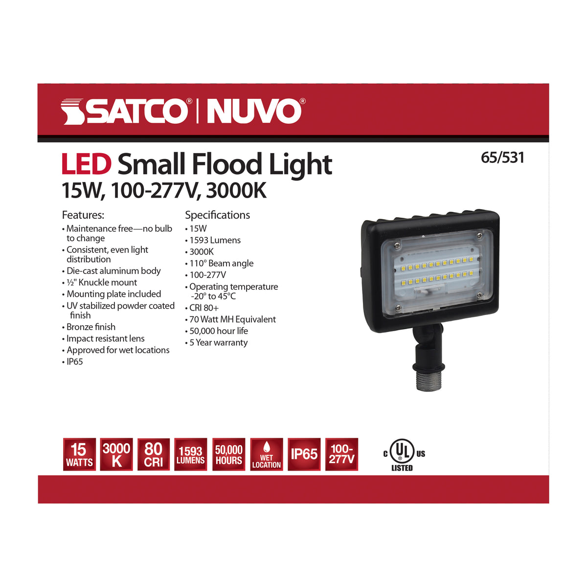 LED Small Flood Light - 15W - 3000K - Bronze Finish