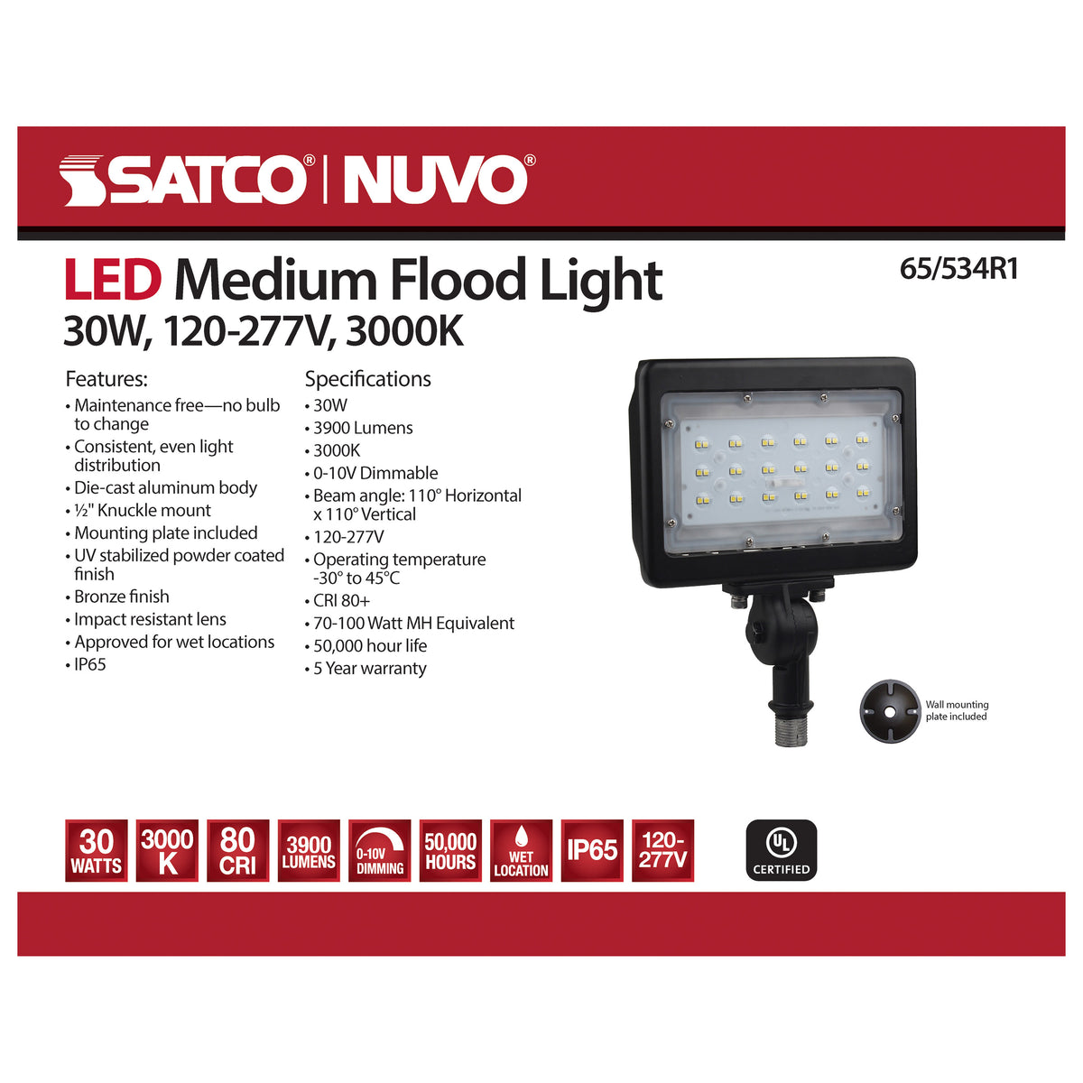 LED Medium Flood Light - 30W - 3000K - Bronze Finish - 100V-277V - Dimmable