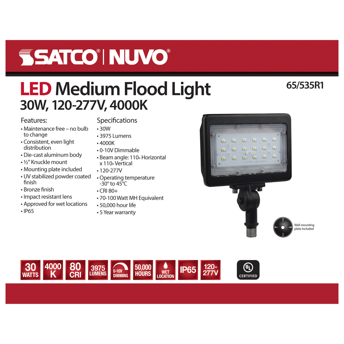 LED Medium Flood Light - 30W - 4000K - Bronze Finish - 100V-277V - Dimmable