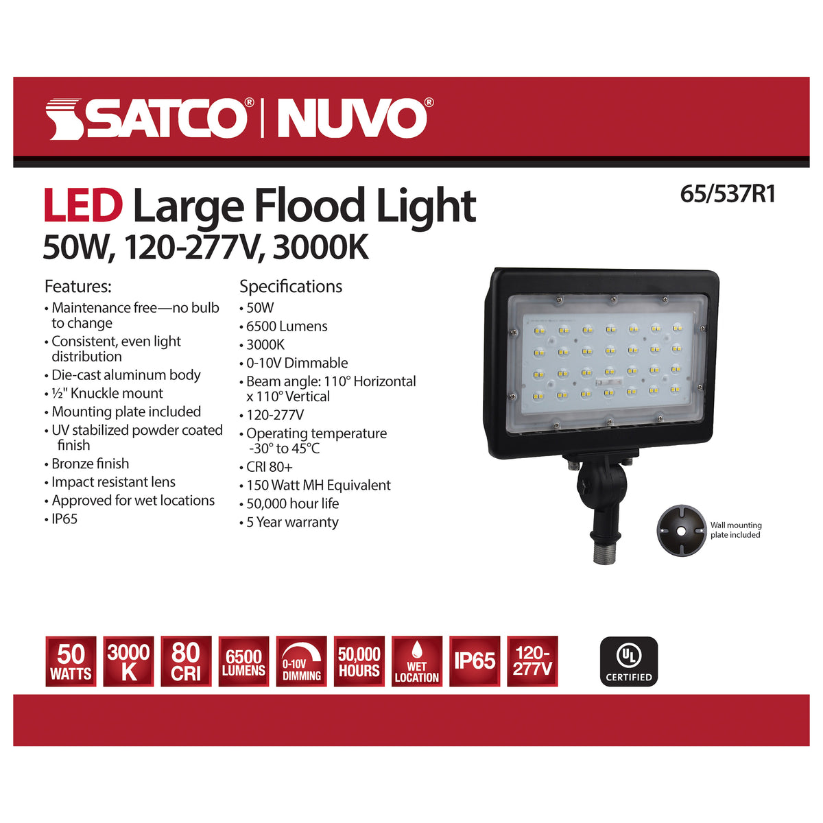 LED Large Flood Light - 50W - 3000K - Bronze Finish - 100V-277V - Dimmable