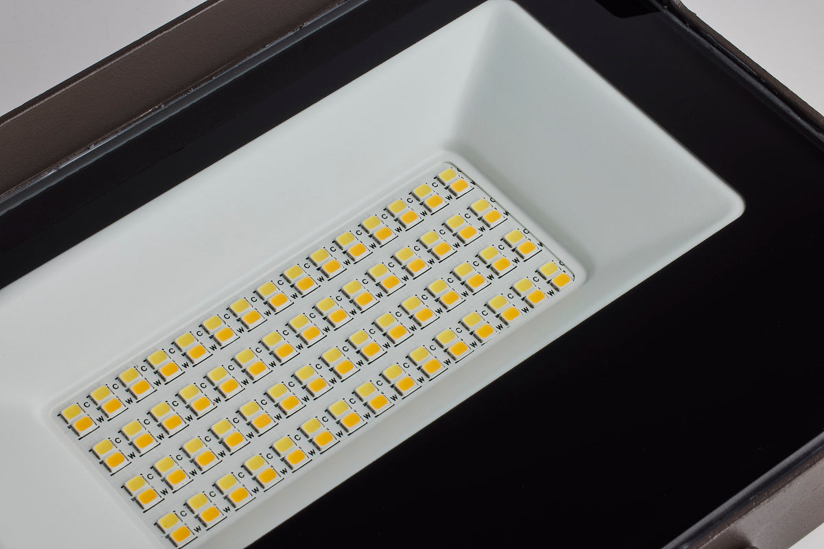 LED Tempered Glass Flood Light with Bypassable Photocell - CCT Selectable 3K/4K/5K - Wattage Adjustable 15W/25W/35W - ColorQuick and PowerQuick Technology - Bronze Finish