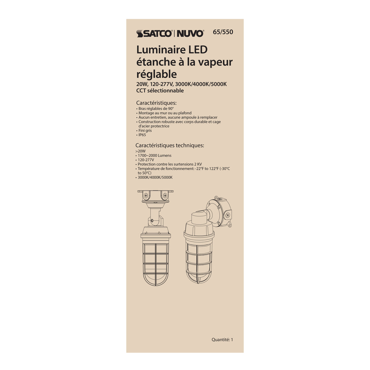 LED Adjustable Vapor Tight Fixture - 20W - CCT Selectable 3K/4K/5K - Gray Finish