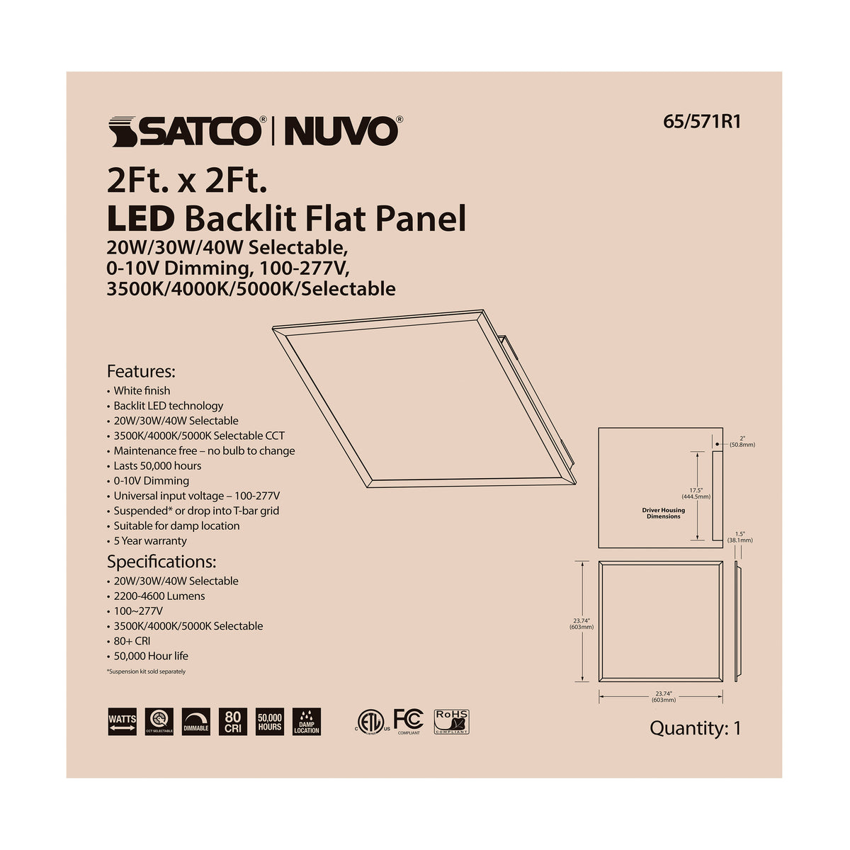 LED Backlit Flat Panel - 2 ft. x 2 ft. - Wattage and CCT Selectable - 120-277 Volt - ColorQuick Technology - PowerQuick Technology - White Finish