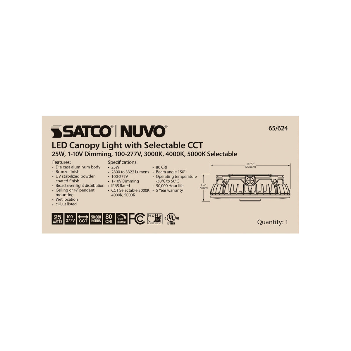 LED Canopy Fixture - 25 Watt - CCT Selectable - Bronze Finish - 120-277 Volt