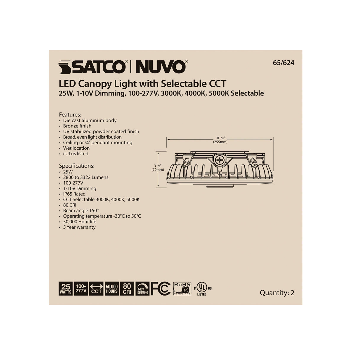 LED Canopy Fixture - 25 Watt - CCT Selectable - Bronze Finish - 120-277 Volt
