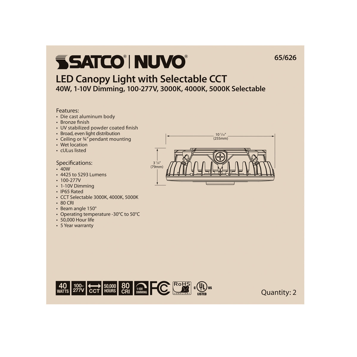 LED Canopy Fixture - 40 Watt - CCT Selectable - Bronze Finish - 120-277 Volt