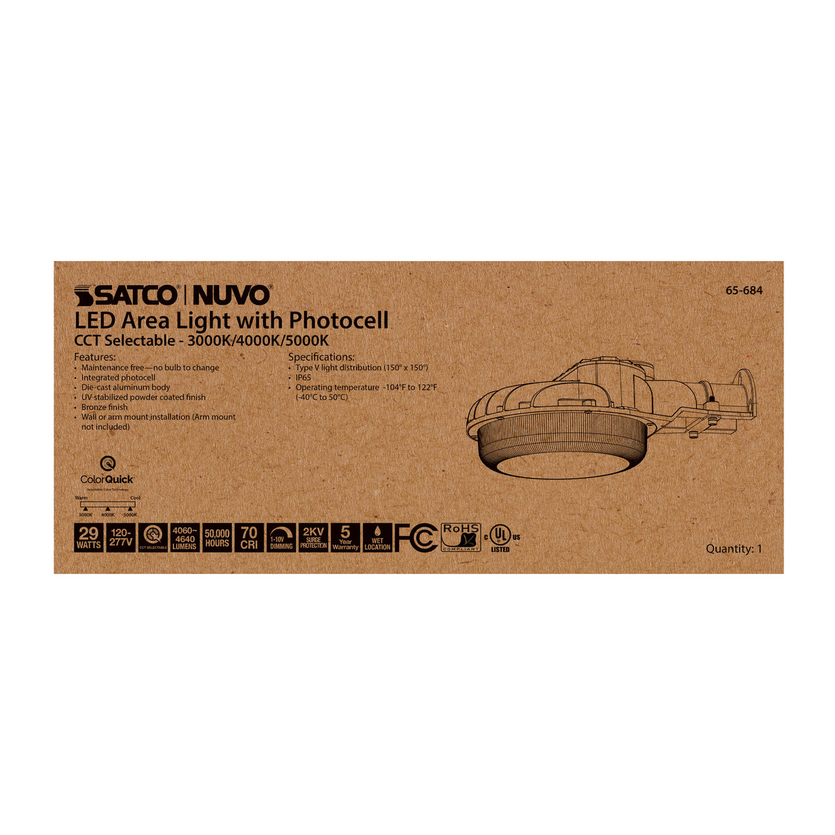 29 Watt LED Area Light with Photocell - CCT Selectable and Dimmable - Bronze Finish - 120-277 Volts - Ultra Bright Lumens